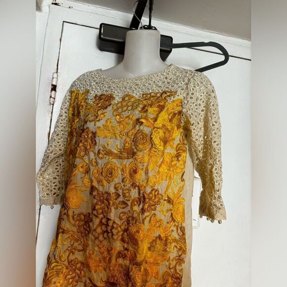 Charizma embroidered crochet runway dress keyhole floral tassel lace 3d fringe